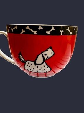 Konitz Germany Porcelain Spotted Dog Chasing Cat Red White Black Coffee Mug